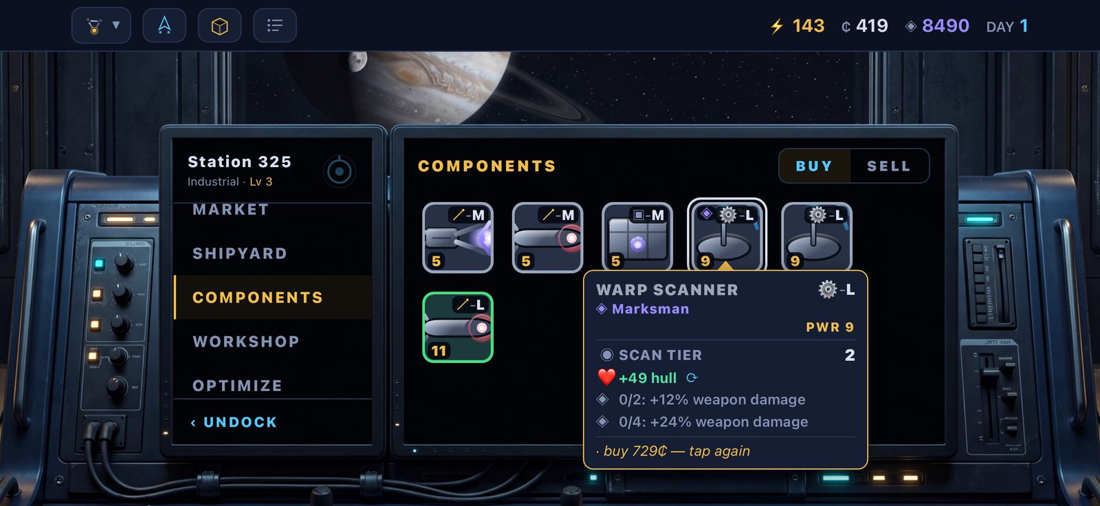A station's components rack with rarity-bordered icons and a warp scanner tooltip showing its set bonuses